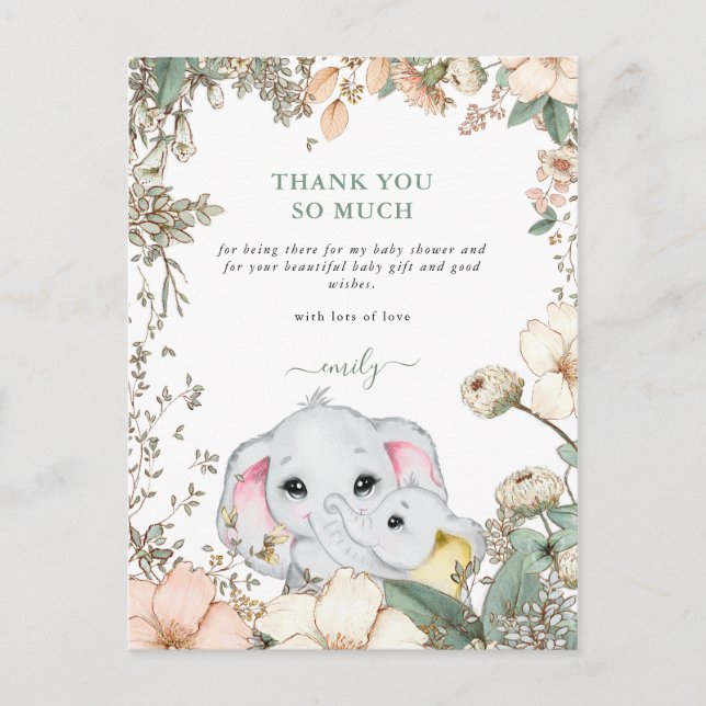 Elephants Foliage Sage Green Baby Dusche Vielen Da Postkarte (Vorderseite)