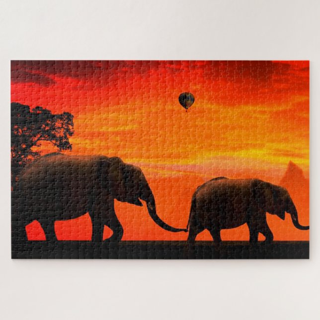 Eléphants Jigsaw Puzzle coucher de soleil (Horizontal)