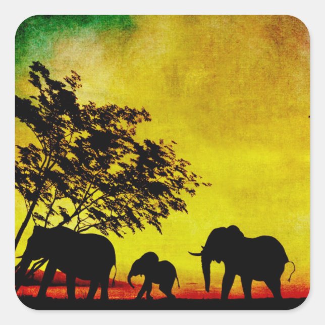Elephants Sunset Quadratischer Aufkleber (Vorderseite)