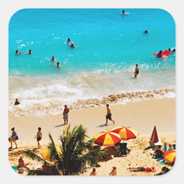 Elevated View Of Waikiki Beach Scene, Honolulu Quadratischer Aufkleber (Vorderseite)