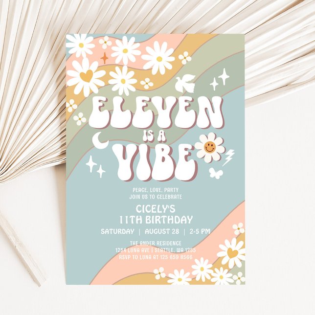 ELEVEN ist ein Vibe Daisy Hippie 70er Retro Birthd Einladung (Von Creator hochgeladen)