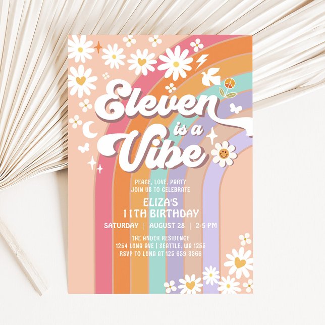 Eleven ist ein Vibe Daisy Rainbow Groovy Birthday Einladung (Von Creator hochgeladen)