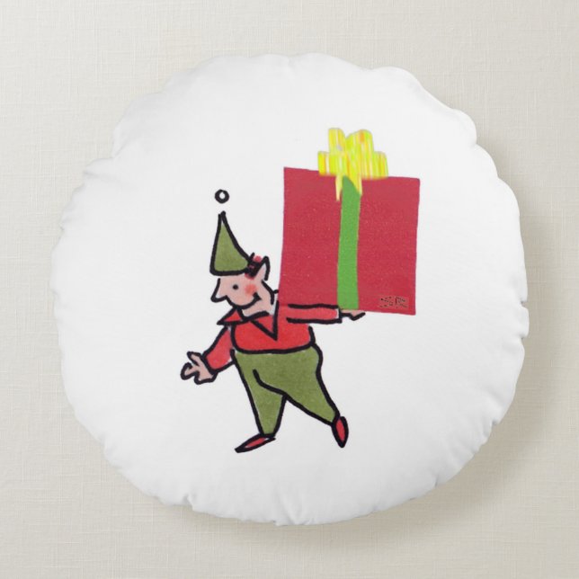 Elf avec boîte rouge rond coussin poly (Devant)
