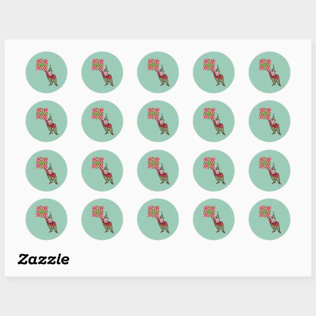 Elf avec Polka Dot Cadeau autocollants ronds (Feuille)