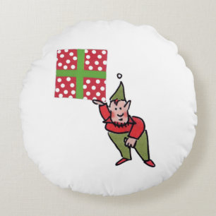 Elf avec Polka Dot Cadeau rond rouge poly coussin