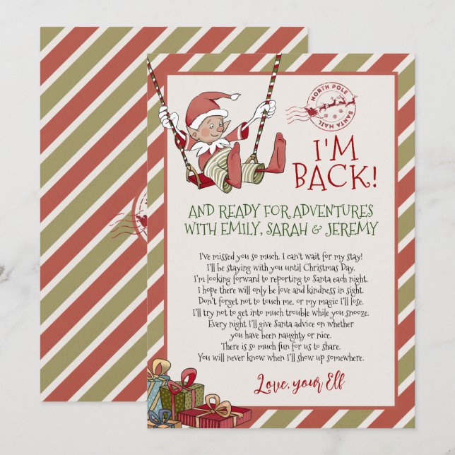 Elf Brief "Ich bin zurück" zu Weihnachten Einladung (Vorne/Hinten)