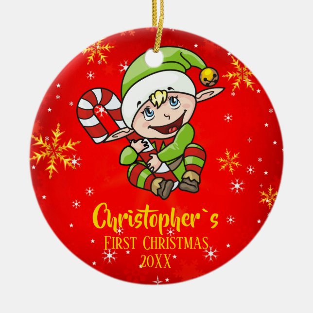 Elf Candy Cane Red Keramikornament (Vorne)