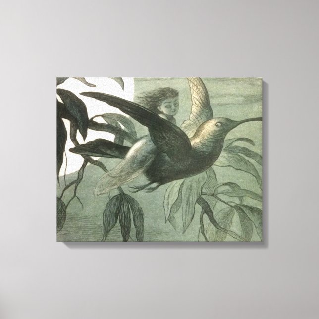 Elf Fairies Elves Moon Night Scene Bird Flying Leinwanddruck (Vorderseite)