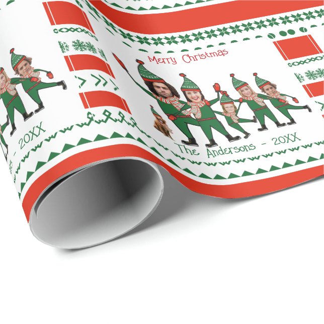 Elf-Familie von sechs, einschließlich Hunde rotes  Geschenkpapier (Rolleneckpunkt)