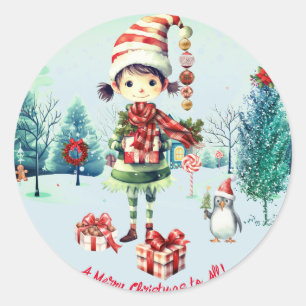 Elf Girl Wreath Ornaments Schneebäume Runder Aufkleber