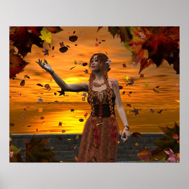 Elf in sinkenden Blätter gegen einen Sonnenunterga Poster (Vorne)