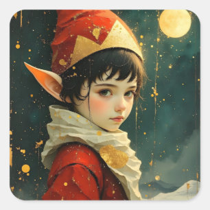 Elf Kind in Vintage-Weihnachtsoutfit Quadratischer Aufkleber