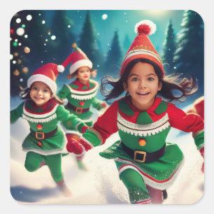 Elf-Kinder laufen im Schnee Quadratischer Aufkleber