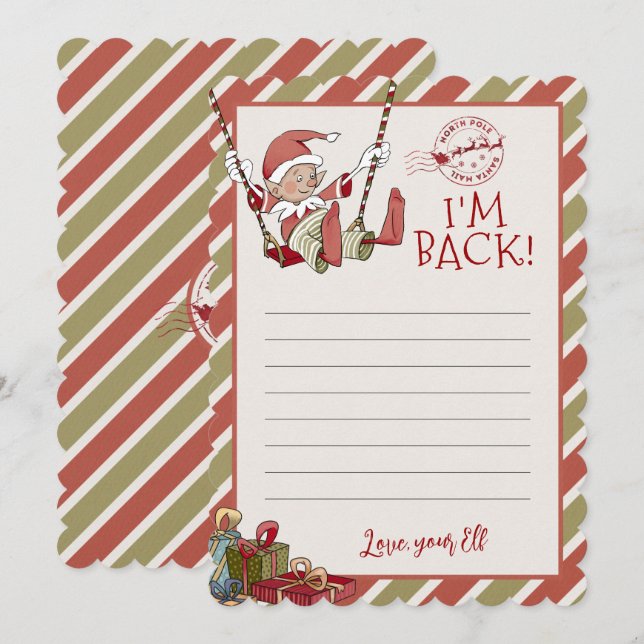 Elf Letter "I m Back" Editable Notecard Einladung (Vorne/Hinten)