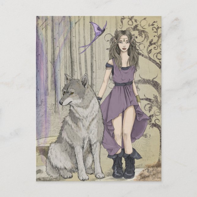 Elf Mädchen mit Wolf-Fantasie Postkarte (Vorderseite)