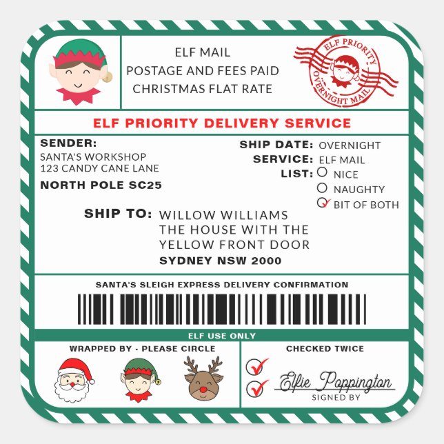 Elf Mail Weihnachtsschiff Etikett Aufkleber (Vorderseite)