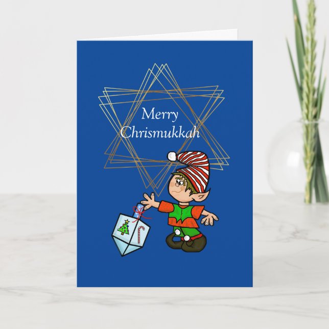 Elf mit Dreidel-Chrismukkah-Karte Karte (Vorderseite)