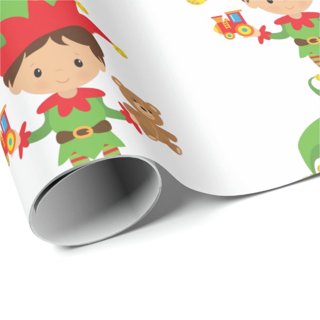 Elf mit Geschenken und weißem Hintergrund Wrapping Geschenkpapier (Rolleneckpunkt)