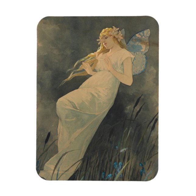 Elf mit Iris-Blume von Alphonse Mucha Magnet (Vertikal)