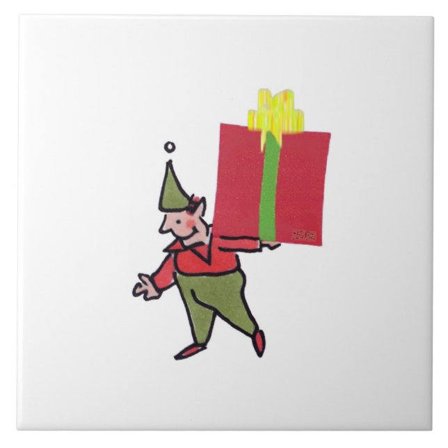 Elf mit roter Box, weiße, große Keramik Fliese (Vorderseite)