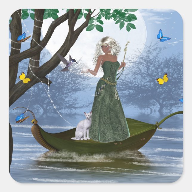 Elf mit White Cat Riding auf einem Leaf Stickers 2 (Vorderseite)