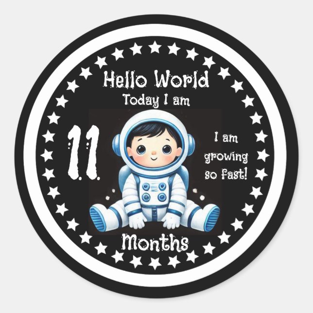 Elf Monate Baby Meilenstein Astronaut Runder Aufkleber (Vorderseite)