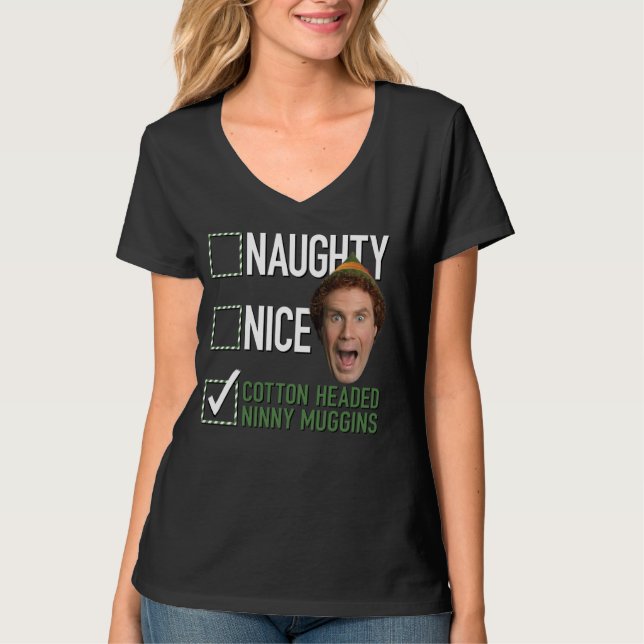 Elf Naughty Nice Cotton Kopf Ninny Muggins T-Shirt (Vorderseite)