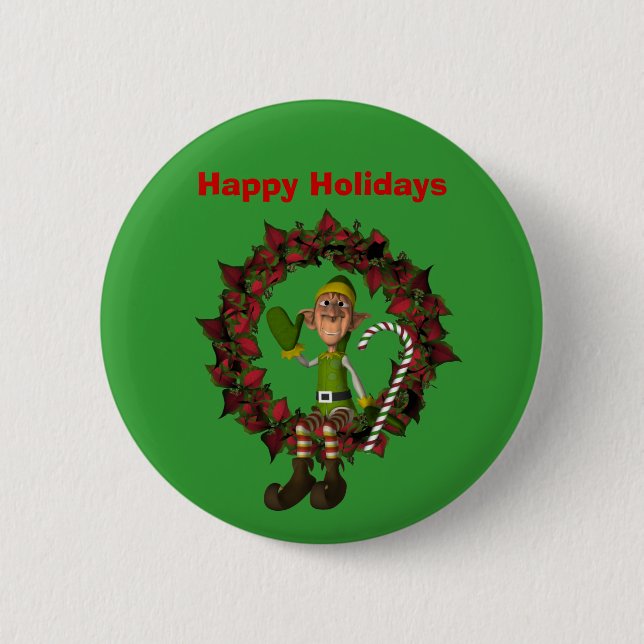 Elf On Wreath Weihnachtsfeiertag Button Button (Vorderseite)