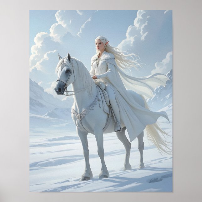 Elf Queen Riding a Majestic White Horse Poster (Vorne)