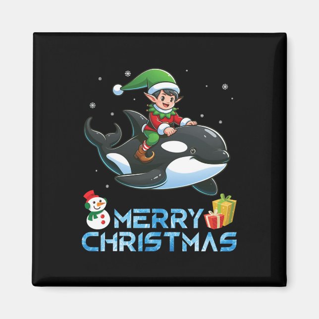 Elf Riding Orca Snowman Präsent Merry Christmas Da Magnet (Vorne)