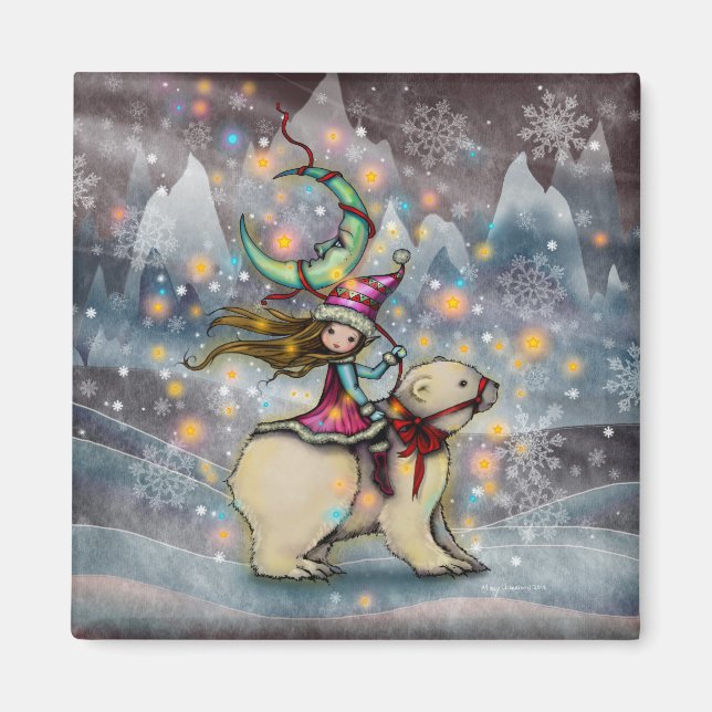Elf Riding Polar Bär Weihnachtsfeiertag Kunst Magnet (Vorne)