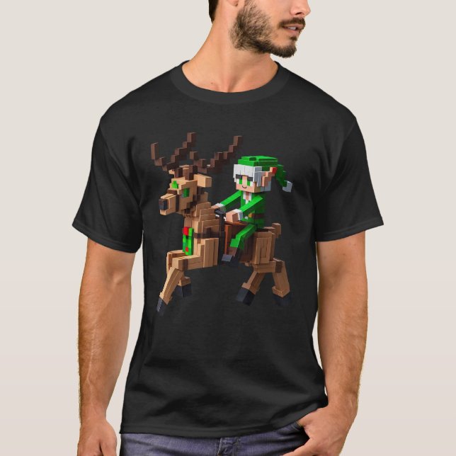 Elf Riding Reindeer Design Block Style Character P T-Shirt (Vorderseite)