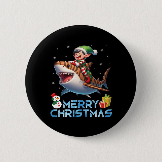 Elf Riding Tiger Shark Snowman Present Merry Chris Button (Vorderseite)