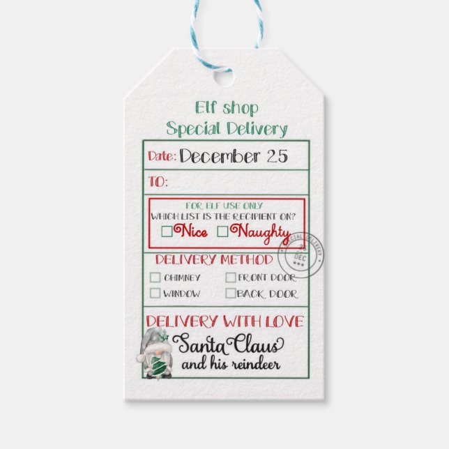 Elf Shop Special Lieferung Gnome Nice oder Naughty Geschenkanhänger (Vorderseite)