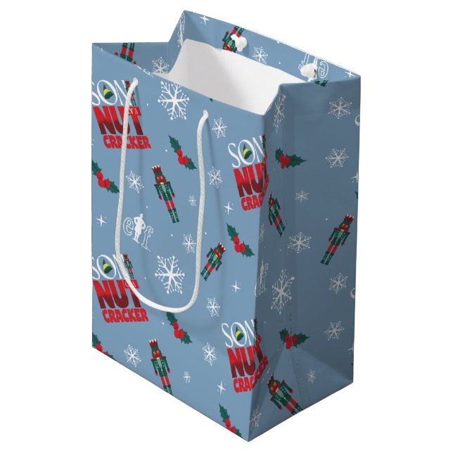 Elf "Sohn eines Nutcrackers" Wintermuster Mittlere Geschenktüte (Vorderseite Schrägansicht)