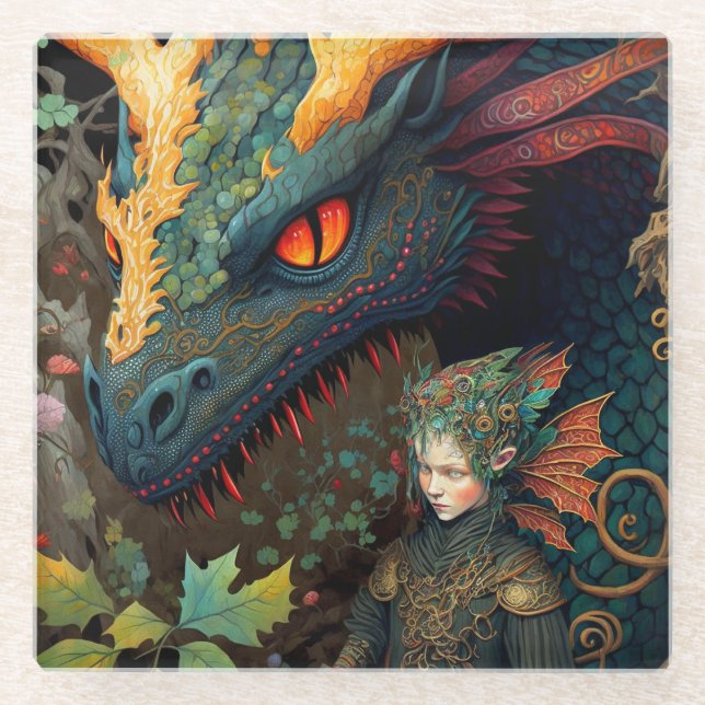 Elf und Dragon Fantasy Art Glasuntersetzer (Vorderseite)