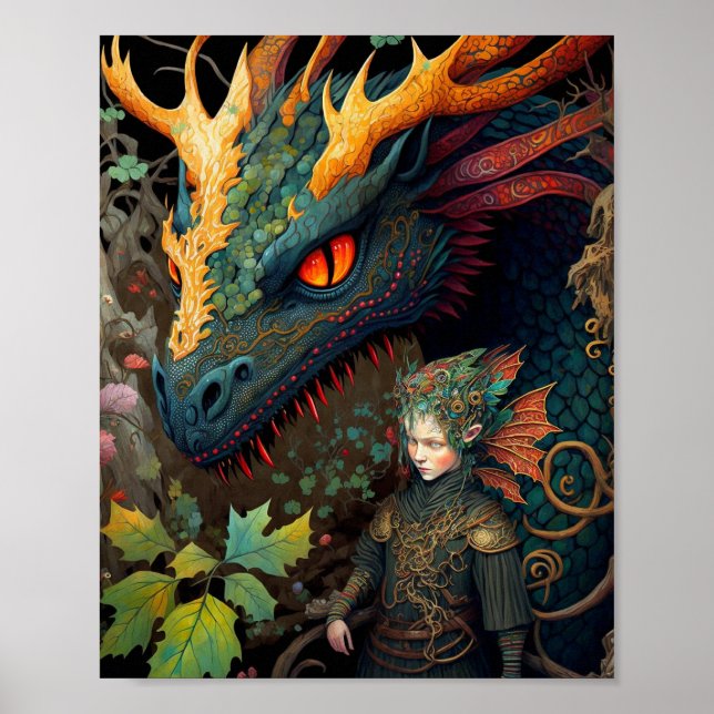 Elf und Dragon Fantasy Art Poster (Vorne)