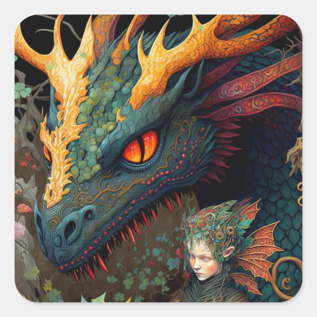 Elf und Dragon Fantasy Art Quadratischer Aufkleber (Vorderseite)