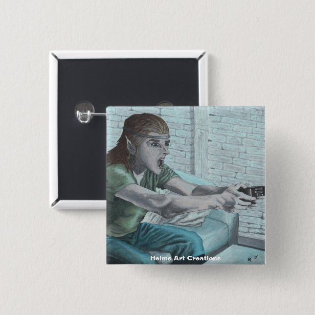 Elf Video Game Player Fantasy Art Button (Vorne & Hinten)