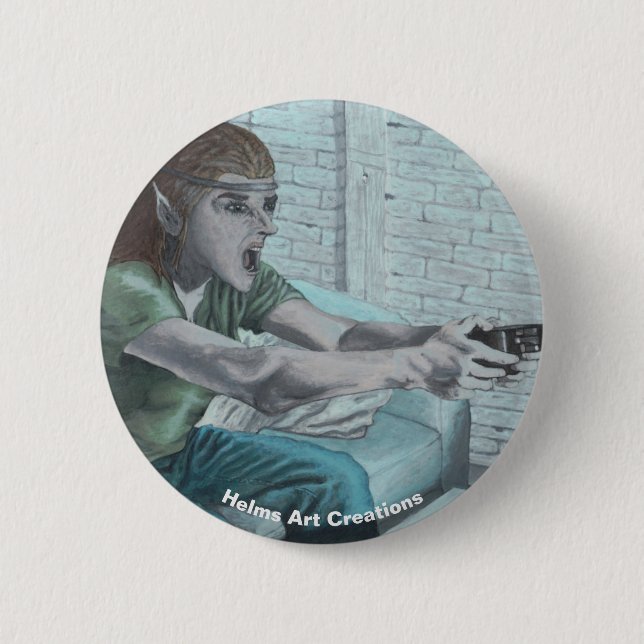 Elf Video Gamer Playing Fantasy Art Button (Vorderseite)