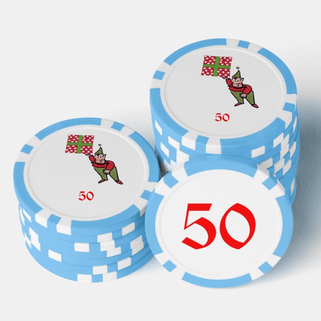 Elf w Polka Dot Cadeau bleu 50 jeton de poker rayé (Empiler)