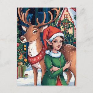 Elf Woman und Rentier Postkarte