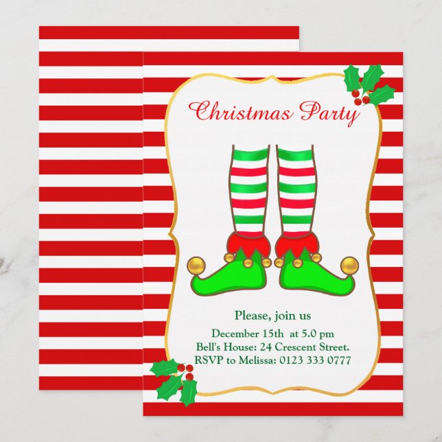 Elfe de Noël sur Red White Party Invitation (Devant / Derrière)