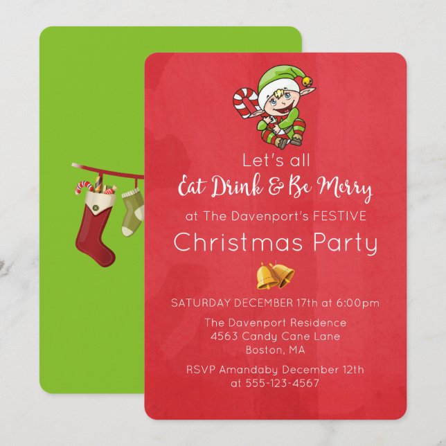 Elfe mignonne avec canne de Noël Invitation de Noë (Devant / Derrière)