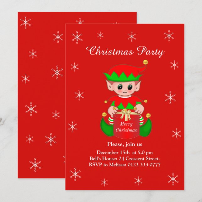 Elfe mignonne sur Red Christmas Party Invitation (Devant / Derrière)