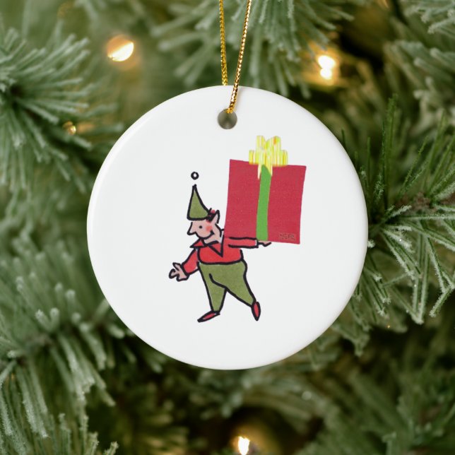 Elfe mit roter Box rundes keramisches Ornament (Baum)