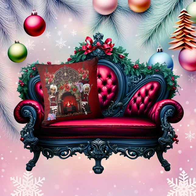 Elfen freuen sich auf Weihnachten. Kissen (Cute elves)