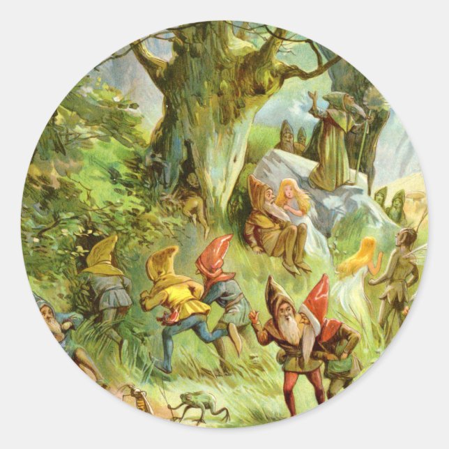 Elfen und Gnome im dunklen, magischen Tiefwald Runder Aufkleber (Vorderseite)