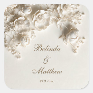 Elfenbein 3D Florale Rosen | Hochzeit Quadratischer Aufkleber