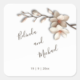 Elfenbein 3D Magnolienblüten Hochzeit Quadratischer Aufkleber